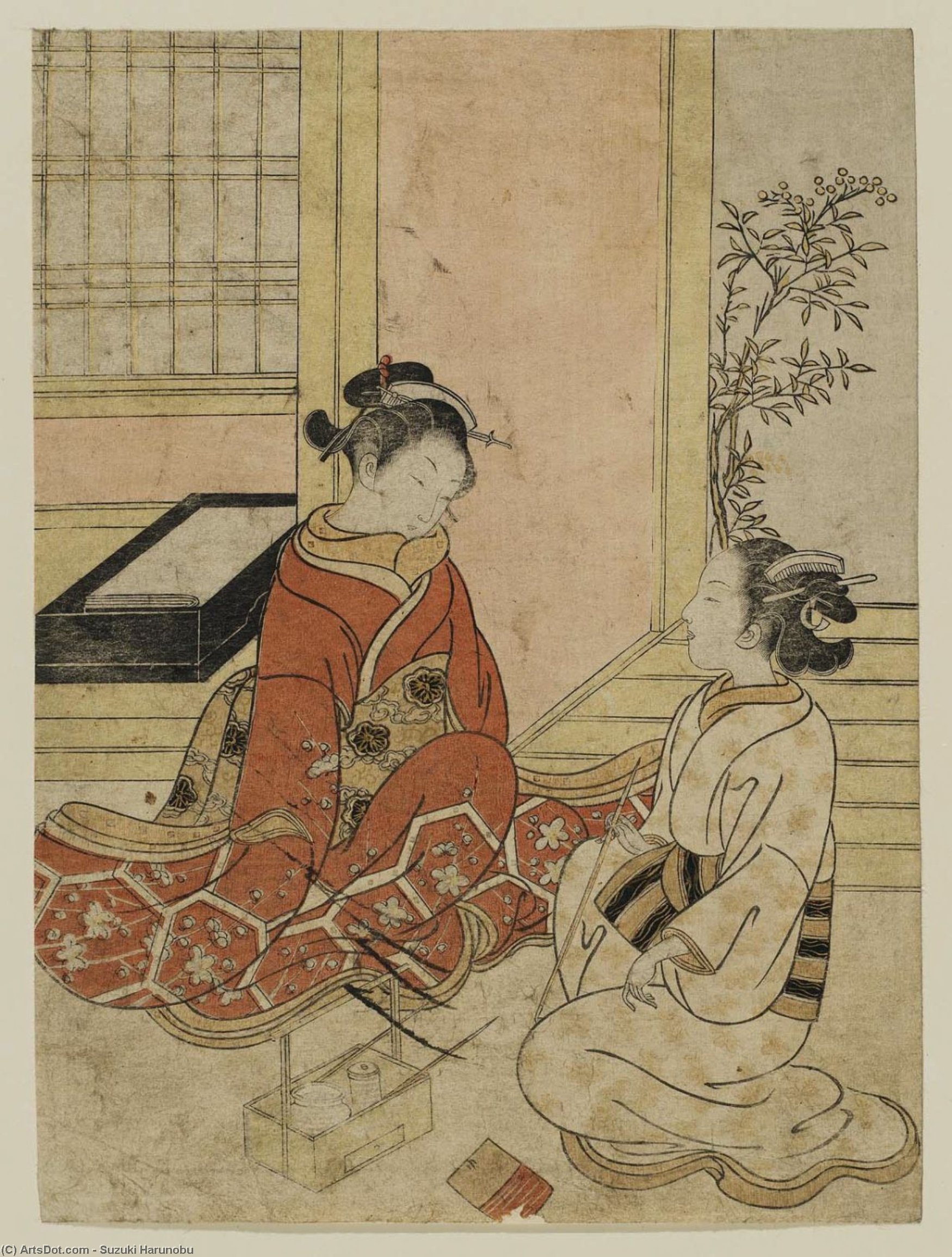 WikiOO.org - Enciclopédia das Belas Artes - Pintura, Arte por Suzuki Harunobu - Two Women In Conversation
