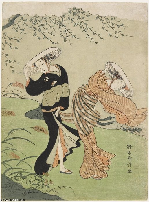 WikiOO.org - Encyclopedia of Fine Arts - Maľba, Artwork Suzuki Harunobu - Two Women In High Wind