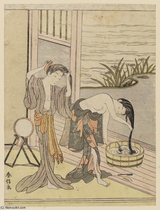 Wikioo.org - The Encyclopedia of Fine Arts - Painting, Artwork by Suzuki Harunobu - Two Women Washing Their Hair