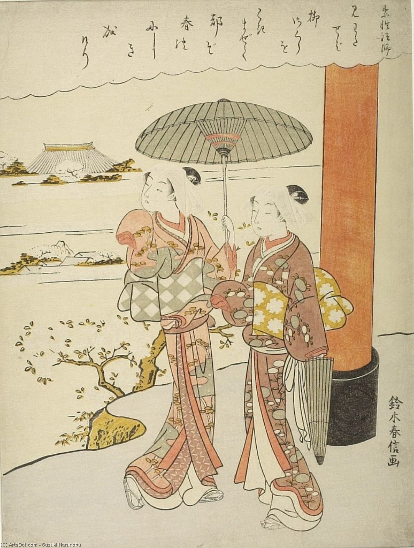 Wikioo.org - The Encyclopedia of Fine Arts - Painting, Artwork by Suzuki Harunobu - Two Young Girls Pausing