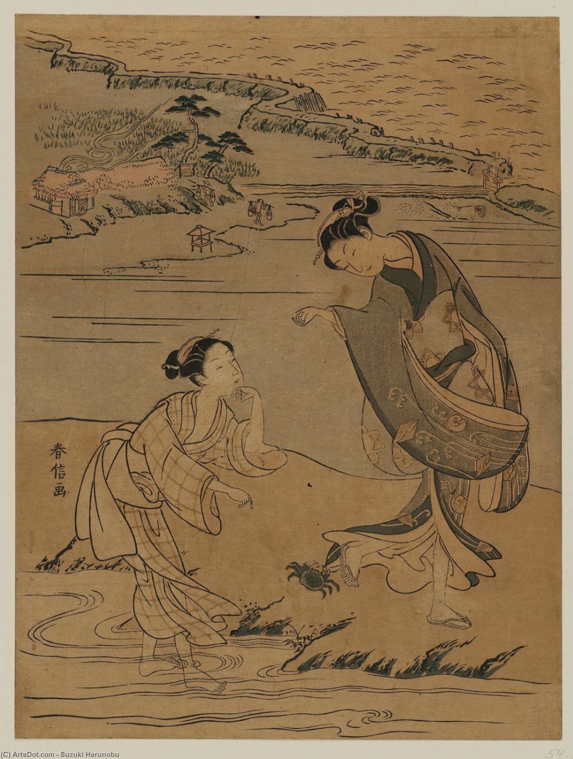 Wikioo.org - สารานุกรมวิจิตรศิลป์ - จิตรกรรม Suzuki Harunobu - Two Young Women And A Crab At Susaki