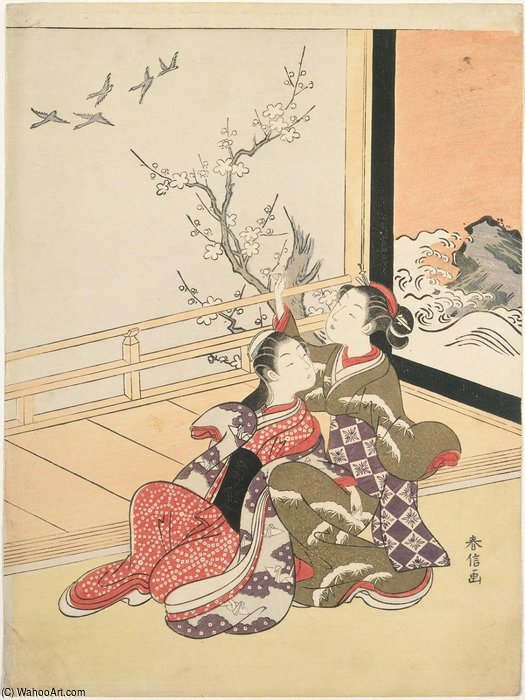 WikiOO.org - Encyclopedia of Fine Arts - Maalaus, taideteos Suzuki Harunobu - Two Young Women Watching Geese