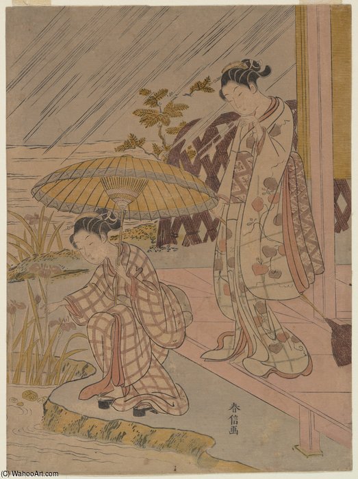 Wikioo.org - สารานุกรมวิจิตรศิลป์ - จิตรกรรม Suzuki Harunobu - Viewing Iris In The Rain
