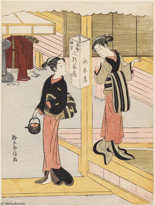 WikiOO.org - Enciklopedija dailės - Tapyba, meno kuriniai Suzuki Harunobu - Waitresses Of The Eiraku-an Restaurant
