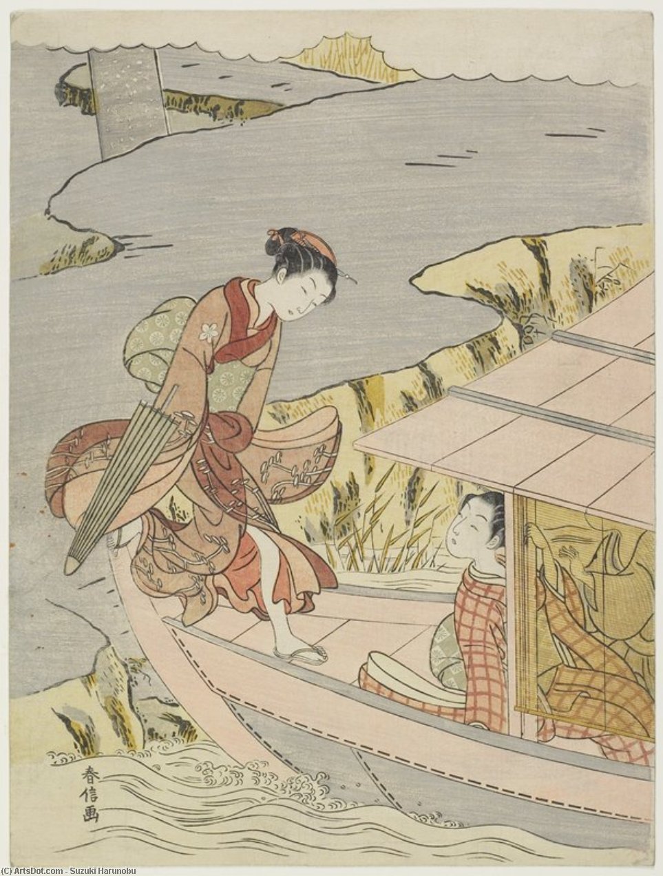 Wikioo.org - The Encyclopedia of Fine Arts - Painting, Artwork by Suzuki Harunobu - Woman Boarding A Boat