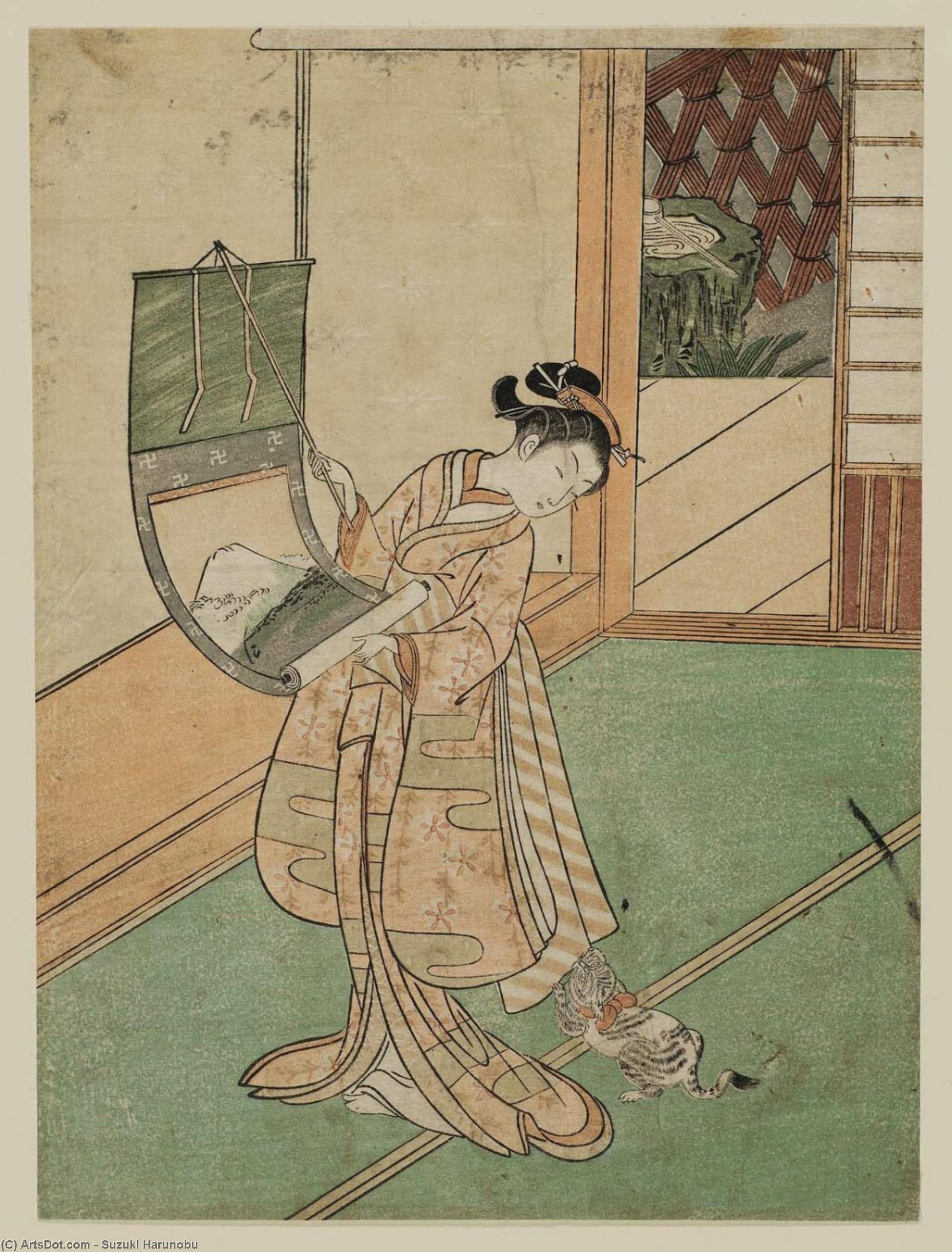 Wikioo.org - The Encyclopedia of Fine Arts - Painting, Artwork by Suzuki Harunobu - Woman Hanging A Scroll And Playful Cat