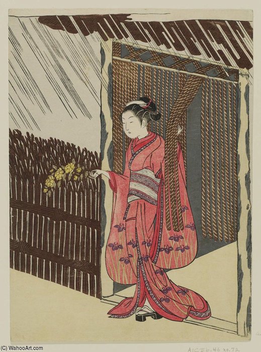 Wikioo.org - The Encyclopedia of Fine Arts - Painting, Artwork by Suzuki Harunobu - Woman Holding A Branch Of Yamabuki