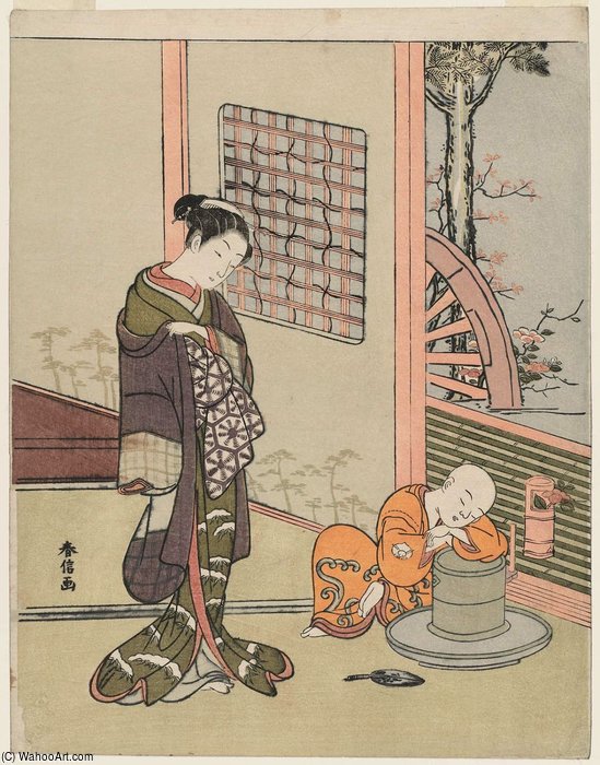 Wikioo.org - The Encyclopedia of Fine Arts - Painting, Artwork by Suzuki Harunobu - Woman Looking At A Sleeping Tea-bo