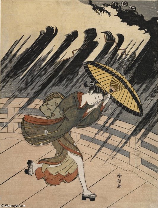 Wikioo.org - The Encyclopedia of Fine Arts - Painting, Artwork by Suzuki Harunobu - Woman Running To Escape A Sudden Shower
