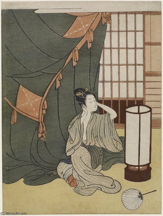 Wikioo.org - The Encyclopedia of Fine Arts - Painting, Artwork by Suzuki Harunobu - Yong Woman Outside Of A Mosquito Net