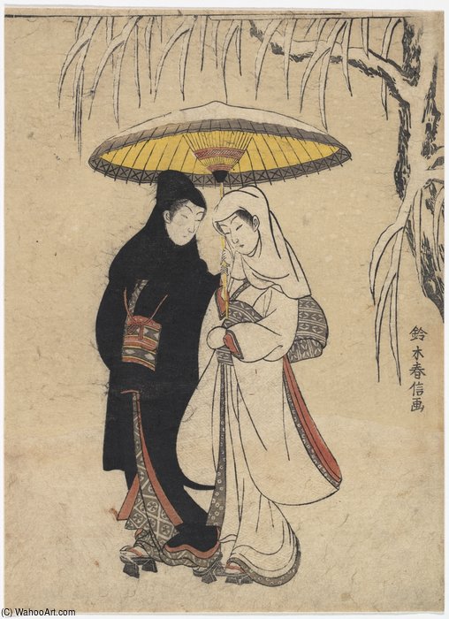 Wikioo.org - The Encyclopedia of Fine Arts - Painting, Artwork by Suzuki Harunobu - Young Lovers Walking Together Under An Umbrella In A Snow Storm
