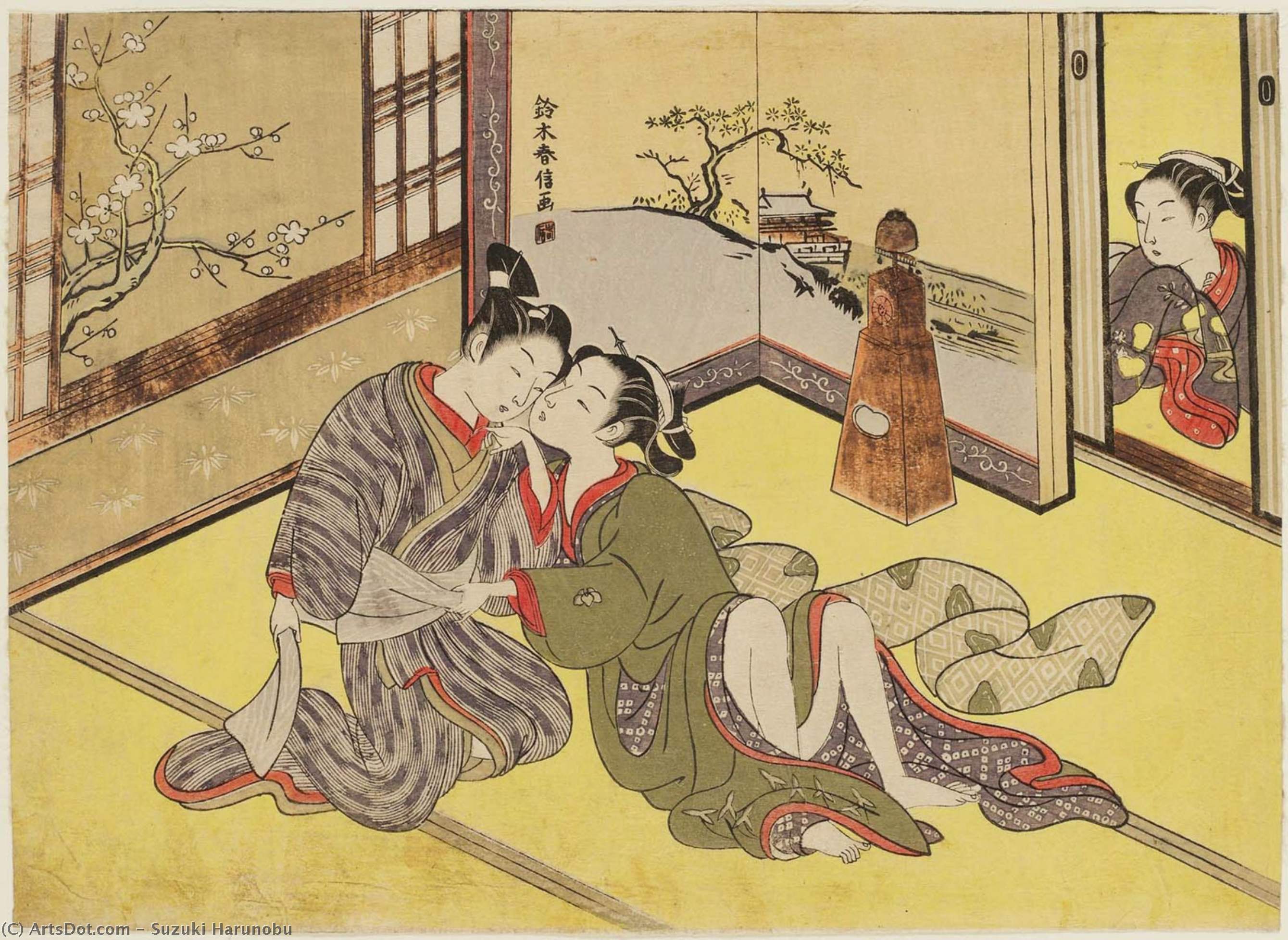 Wikioo.org - The Encyclopedia of Fine Arts - Painting, Artwork by Suzuki Harunobu - Young Lovers With A Clock