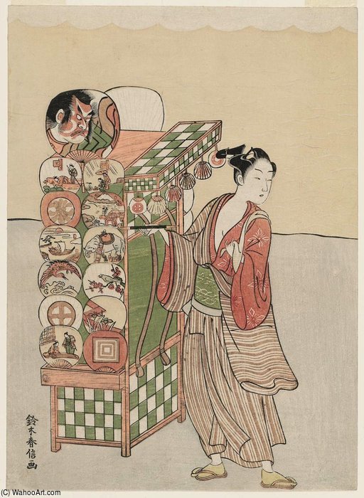 Wikioo.org - The Encyclopedia of Fine Arts - Painting, Artwork by Suzuki Harunobu - Young Man Selling Fans