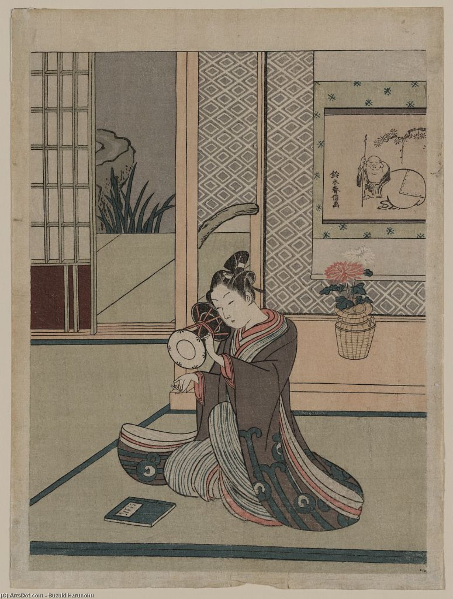 Wikioo.org - The Encyclopedia of Fine Arts - Painting, Artwork by Suzuki Harunobu - Young Man Striking A Drum