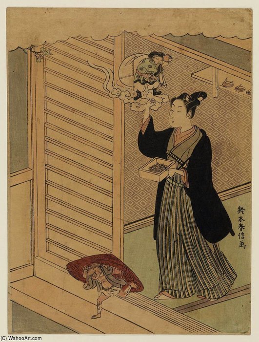 WikiOO.org - Güzel Sanatlar Ansiklopedisi - Resim, Resimler Suzuki Harunobu - Young Man Throwing Beans At Setsubun