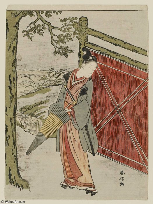 Wikioo.org - The Encyclopedia of Fine Arts - Painting, Artwork by Suzuki Harunobu - Young Man With Umbrella Beside A Fence