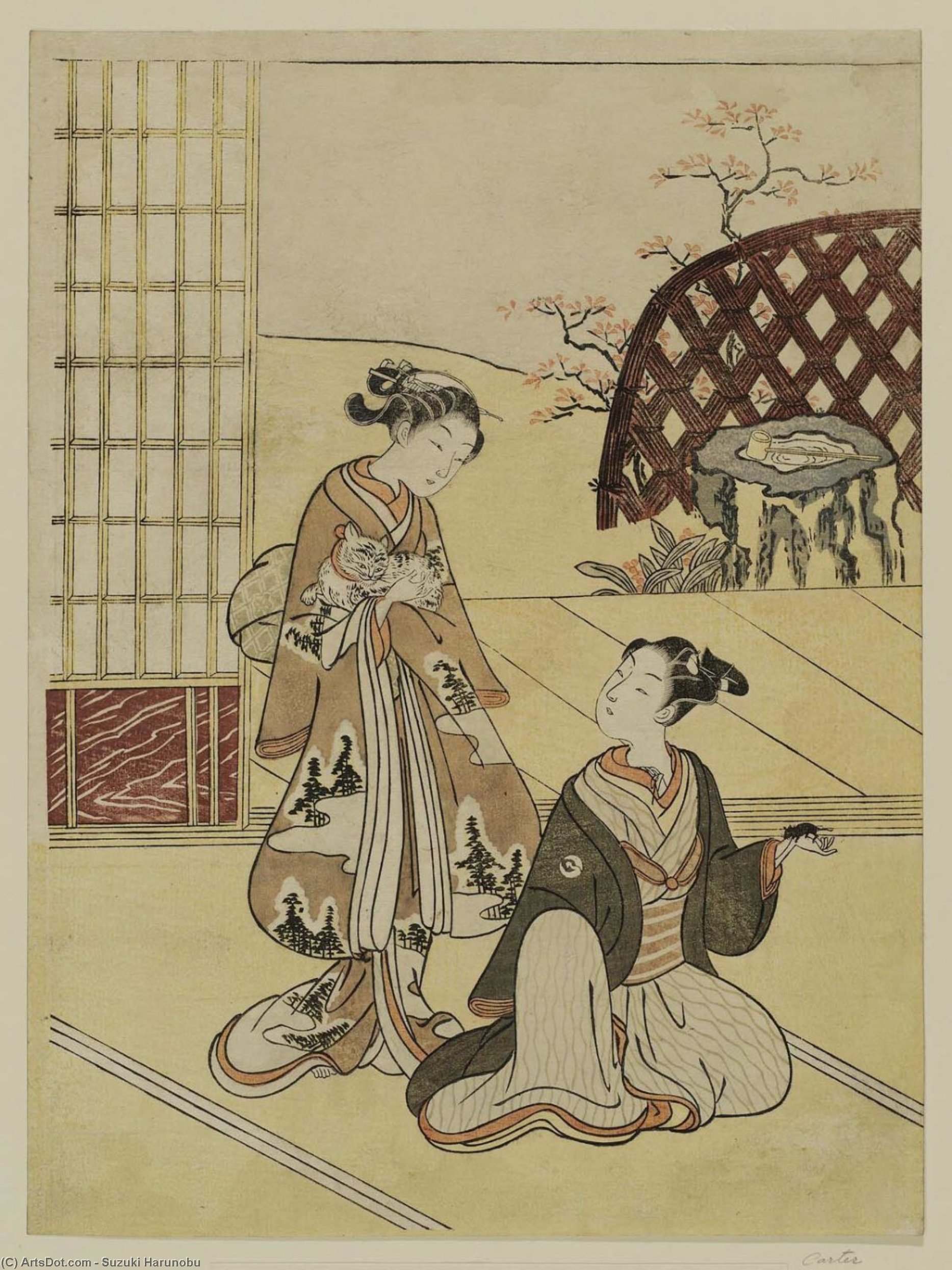 Wikioo.org - The Encyclopedia of Fine Arts - Painting, Artwork by Suzuki Harunobu - Young Woman Holding Cat And Young Man Holding Mouse