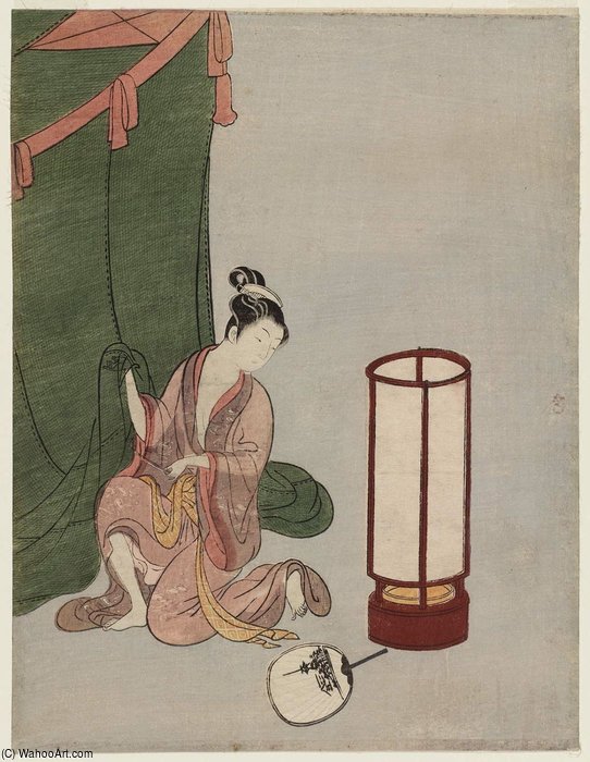 Wikioo.org - The Encyclopedia of Fine Arts - Painting, Artwork by Suzuki Harunobu - Young Woman Preparing To Sleep Under A Mosquito Net