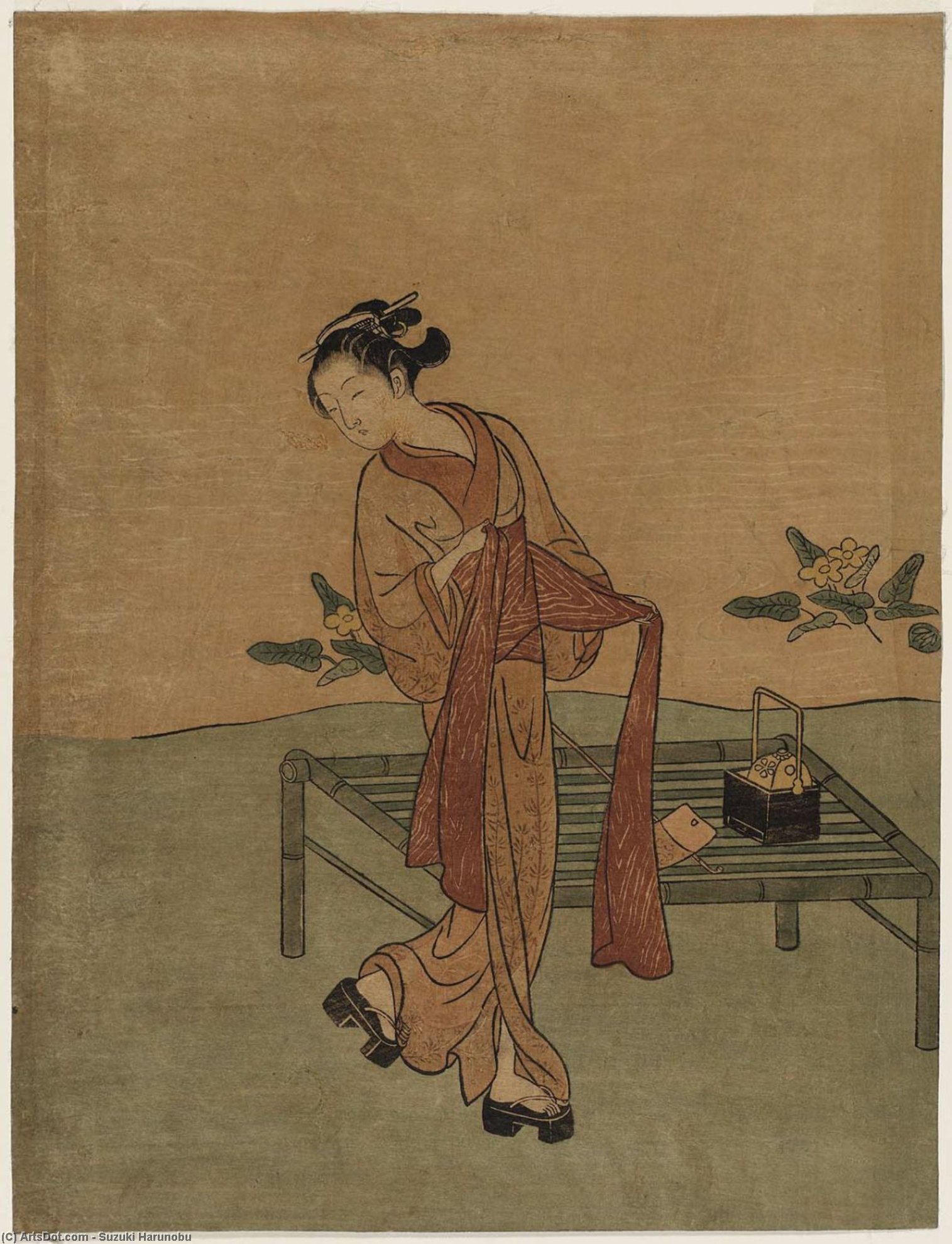 Wikioo.org - The Encyclopedia of Fine Arts - Painting, Artwork by Suzuki Harunobu - Young Woman Tying Her Obi Beside A Bamboo Bench