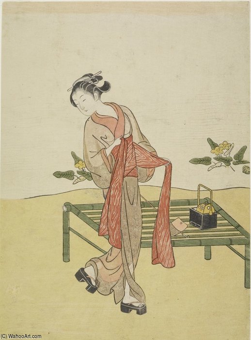 WikiOO.org - Enciclopedia of Fine Arts - Pictura, lucrări de artă Suzuki Harunobu - Young Woman Tying Obi Beside Bamboo Bench