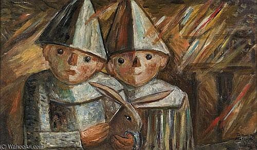 Wikioo.org - สารานุกรมวิจิตรศิลป์ - จิตรกรรม Tadeusz Makowski - Two Children Wih Rabbit