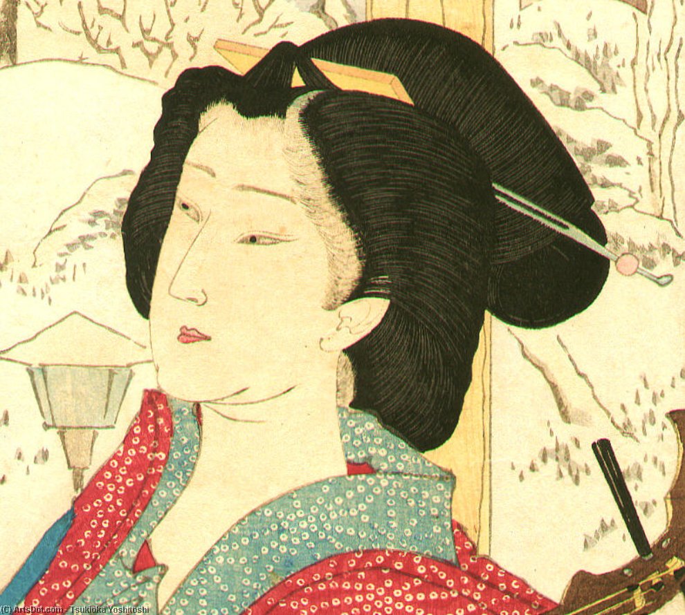 Wikioo.org - The Encyclopedia of Fine Arts - Painting, Artwork by Tsukioka Yoshitoshi - Beauty And Shamisen In Snow