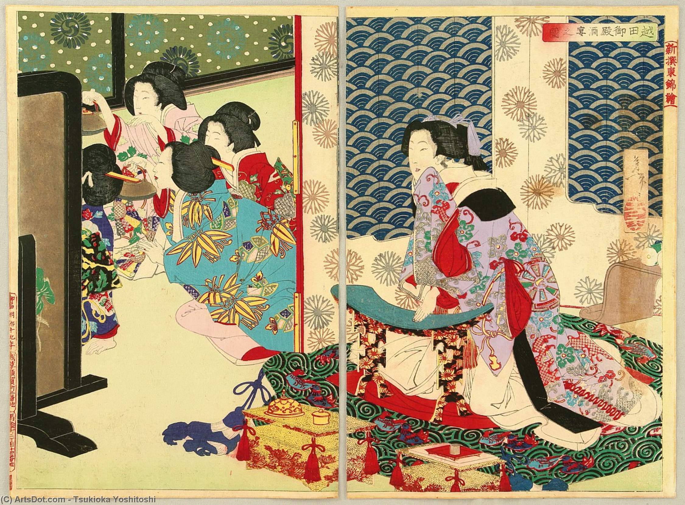 Wikioo.org – L'Encyclopédie des Beaux Arts - Peinture, Oeuvre de Tsukioka Yoshitoshi - soirée de boisson Au Kioshida Palais