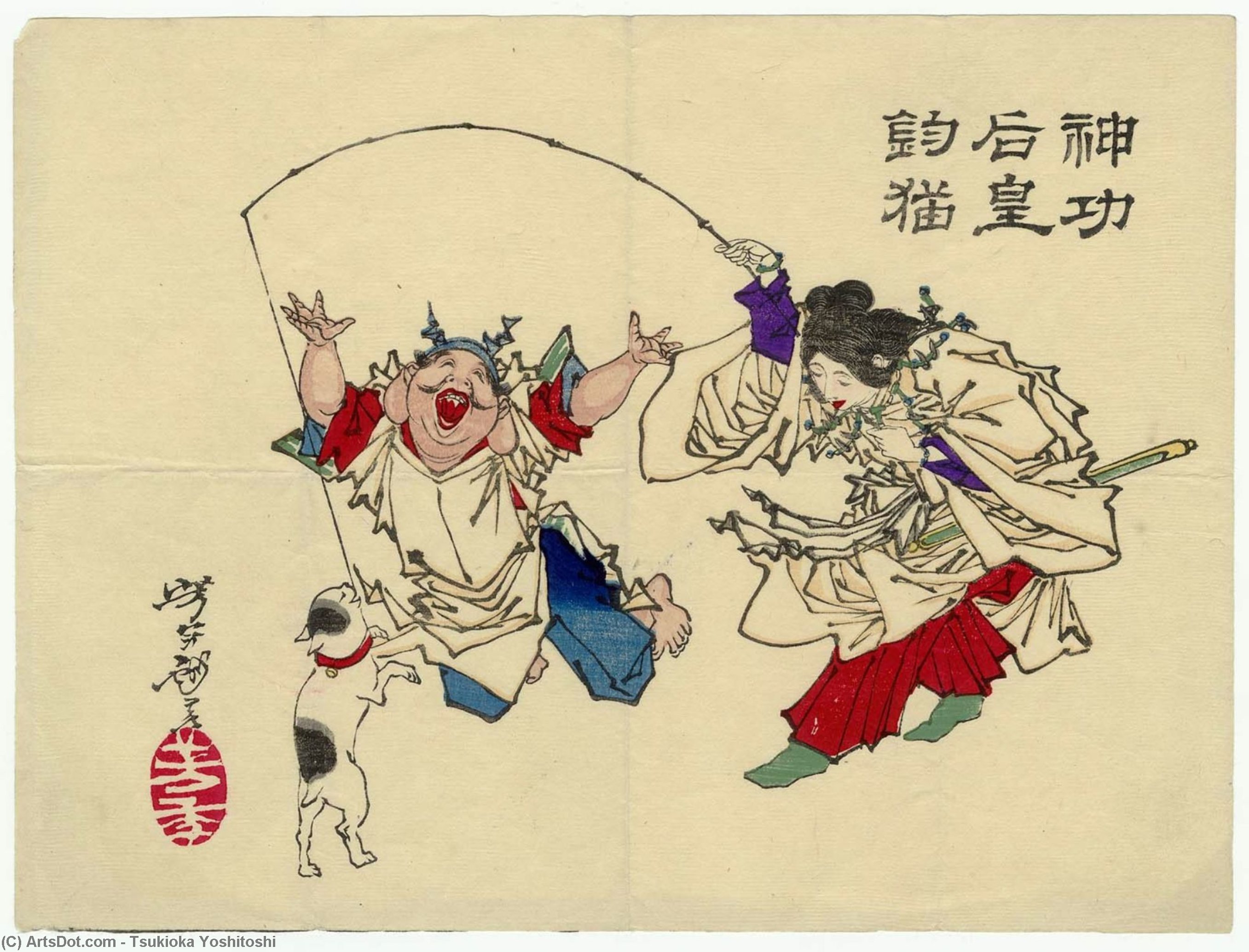 Wikioo.org - The Encyclopedia of Fine Arts - Painting, Artwork by Tsukioka Yoshitoshi - Empress Jingû Playing With A Cat