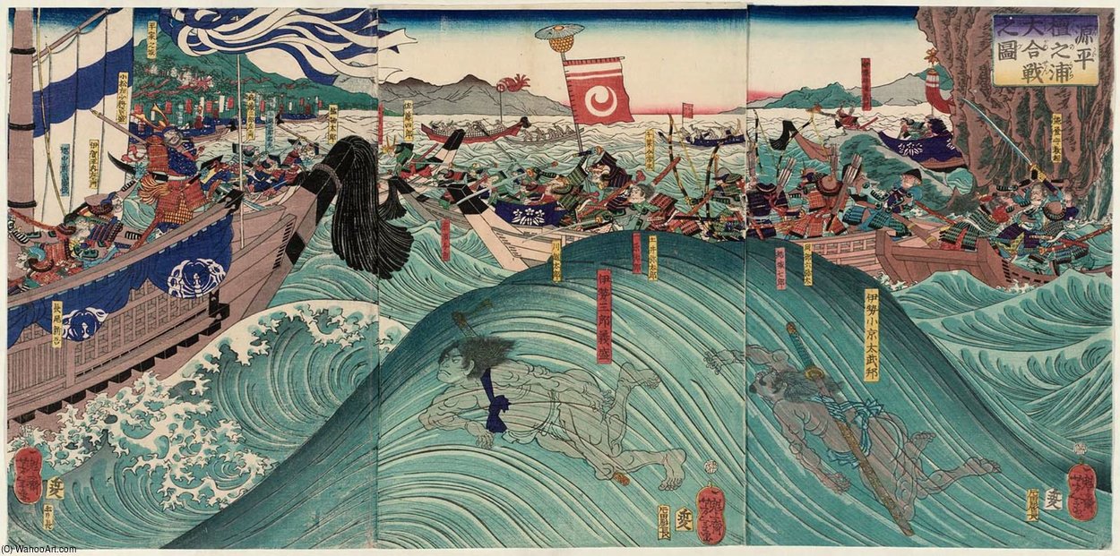 Wikoo.org - موسوعة الفنون الجميلة - اللوحة، العمل الفني Tsukioka Yoshitoshi - The Great Battle Of The Minamoto And The Taira At Dan-no-ura