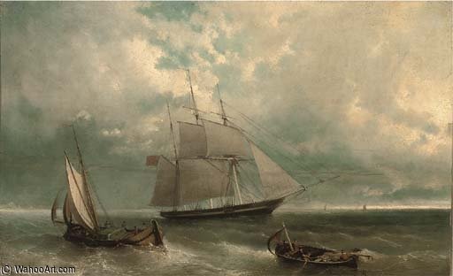 WikiOO.org - Encyclopedia of Fine Arts - Malba, Artwork John Callow - A British Merchantman Amidst Other Fishing Craft In Coastal Waters
