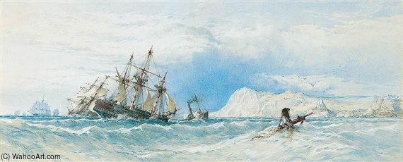 Wikioo.org - The Encyclopedia of Fine Arts - Painting, Artwork by John Callow - A Merchant Ship Towed By A Paddle Steam Tug Off Illfracombe