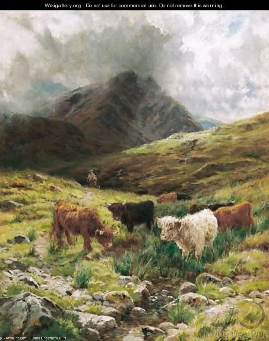 Wikioo.org - สารานุกรมวิจิตรศิลป์ - จิตรกรรม Louis Bosworth Hurt - Cattle Watering In The Highlands
