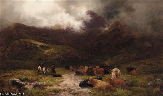 Wikioo.org - The Encyclopedia of Fine Arts - Painting, Artwork by Louis Bosworth Hurt - Highland Cattle And Drovers In A Glen