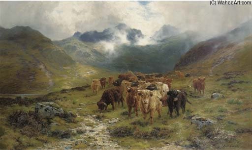 Wikioo.org - The Encyclopedia of Fine Arts - Painting, Artwork by Louis Bosworth Hurt - Highland Cattle And Drovers In A Valley