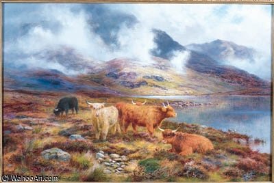 WikiOO.org – 美術百科全書 - 繪畫，作品 Louis Bosworth Hurt - 苏格兰高地牛通过一湖