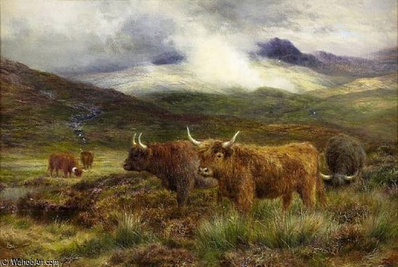 Wikioo.org - The Encyclopedia of Fine Arts - Painting, Artwork by Louis Bosworth Hurt - Highland Cattle In A Mountain Landscape