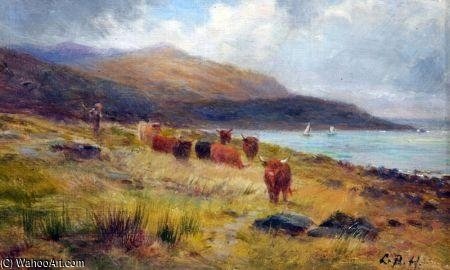 Wikioo.org - The Encyclopedia of Fine Arts - Painting, Artwork by Louis Bosworth Hurt - Highland Cattle On A Scottish Coastline