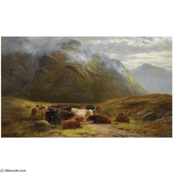 Wikioo.org - Encyklopedia Sztuk Pięknych - Malarstwo, Grafika Louis Bosworth Hurt - Highland Cattle Resting Near Buchal Etive, Glen Coe