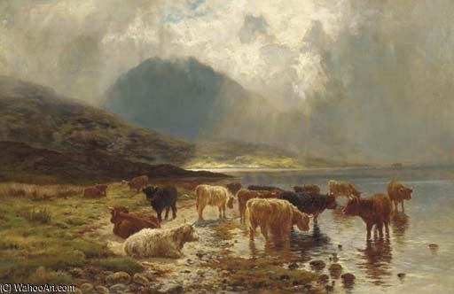 Wikioo.org - The Encyclopedia of Fine Arts - Painting, Artwork by Louis Bosworth Hurt - Highland Cattle Watering By A Loch