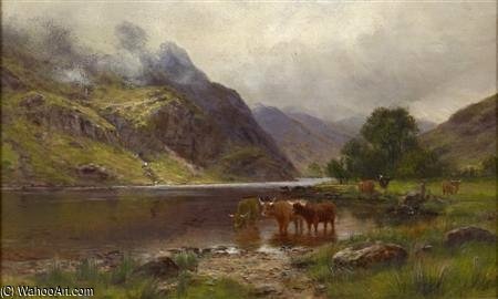 Wikioo.org - Encyklopedia Sztuk Pięknych - Malarstwo, Grafika Louis Bosworth Hurt - Highland Cattle Watering By The Loch's Edge