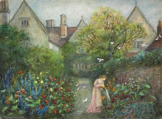 Wikioo.org - The Encyclopedia of Fine Arts - Painting, Artwork by Marie Spartali Stillman - A Lady In The Garden At Kelmscott Manor, Gloucestershire