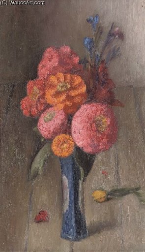 WikiOO.org - Encyclopedia of Fine Arts - Schilderen, Artwork Mark Gertler - Still Life With Dahlias And Chrysanthemums