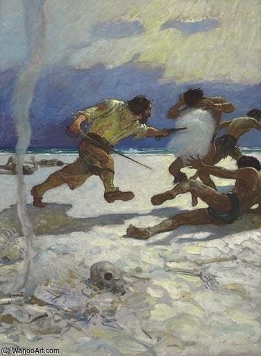 Wikioo.org - The Encyclopedia of Fine Arts - Painting, Artwork by Nc Wyeth - And No Sooner Had He The Arms In His Hands But, As If They Had Put New Vigor Into Him, He Flew Upon His Murderers Like A Fury