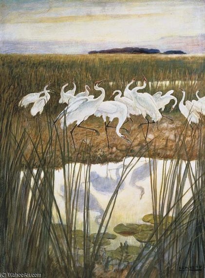 Wikoo.org - موسوعة الفنون الجميلة - اللوحة، العمل الفني Nc Wyeth - The Dance Of The Whooping Cranes