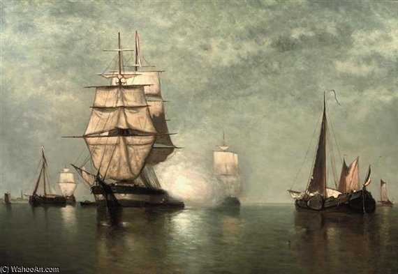 WikiOO.org - Enciklopedija dailės - Tapyba, meno kuriniai Paul Jean Clays - A Tall Ship Saluting