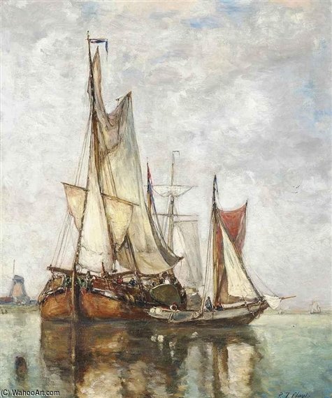 WikiOO.org - 백과 사전 - 회화, 삽화 Paul Jean Clays - Barges Moored Before A Windmill
