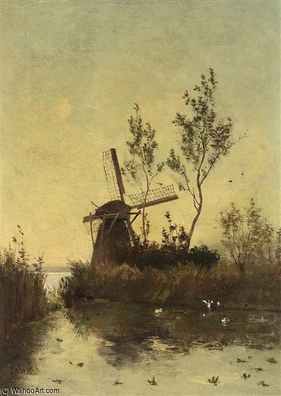 Wikioo.org - The Encyclopedia of Fine Arts - Painting, Artwork by Paul Joseph Constantine Gabriel - A Windmill At Dusk