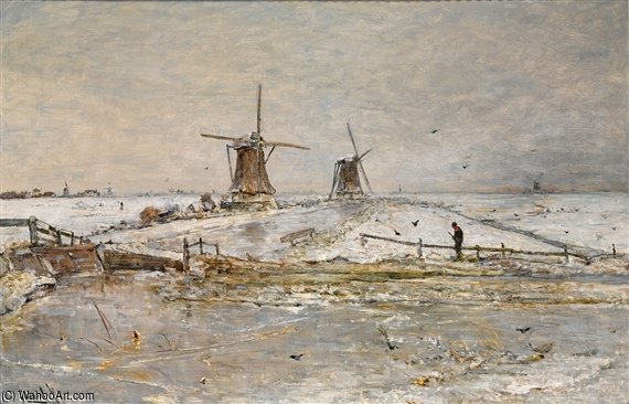 Wikioo.org - The Encyclopedia of Fine Arts - Painting, Artwork by Paul Joseph Constantine Gabriel - Snow Covered Windmills Near Overschie