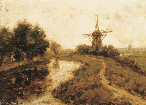 Wikioo.org - The Encyclopedia of Fine Arts - Painting, Artwork by Paul Joseph Constantine Gabriel - Windmills By A River