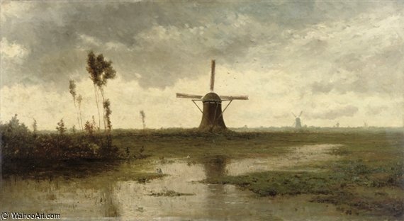 Wikioo.org - The Encyclopedia of Fine Arts - Painting, Artwork by Paul Joseph Constantine Gabriel - Windmills In A River Landscape